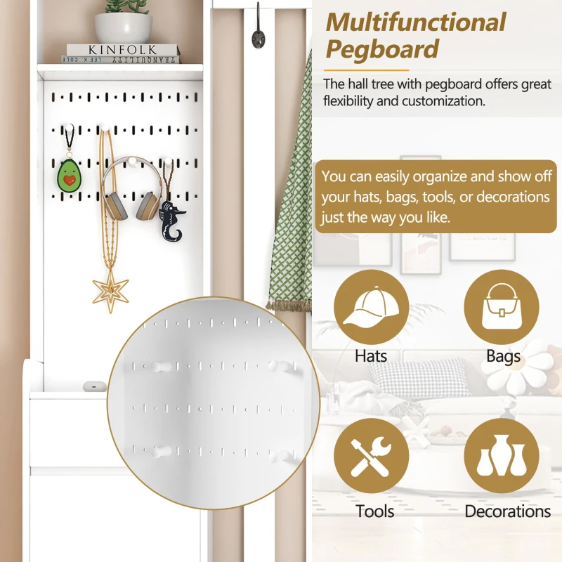 Contemporary Hall Tree with Cushioned Storage Bench, Multifunctional Coat Rack Stand, with Pegboard and 4 Hooks, 39.5" L x 12" W x 71" H, White