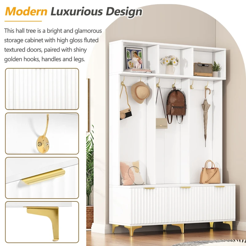 Modern Hall Tree with Bench, High Gloss Fluted Doors, 6 Gold Hooks, and Storage Cubbies, 49.5" L x 15.5" W x 75.5" H, White+Gold