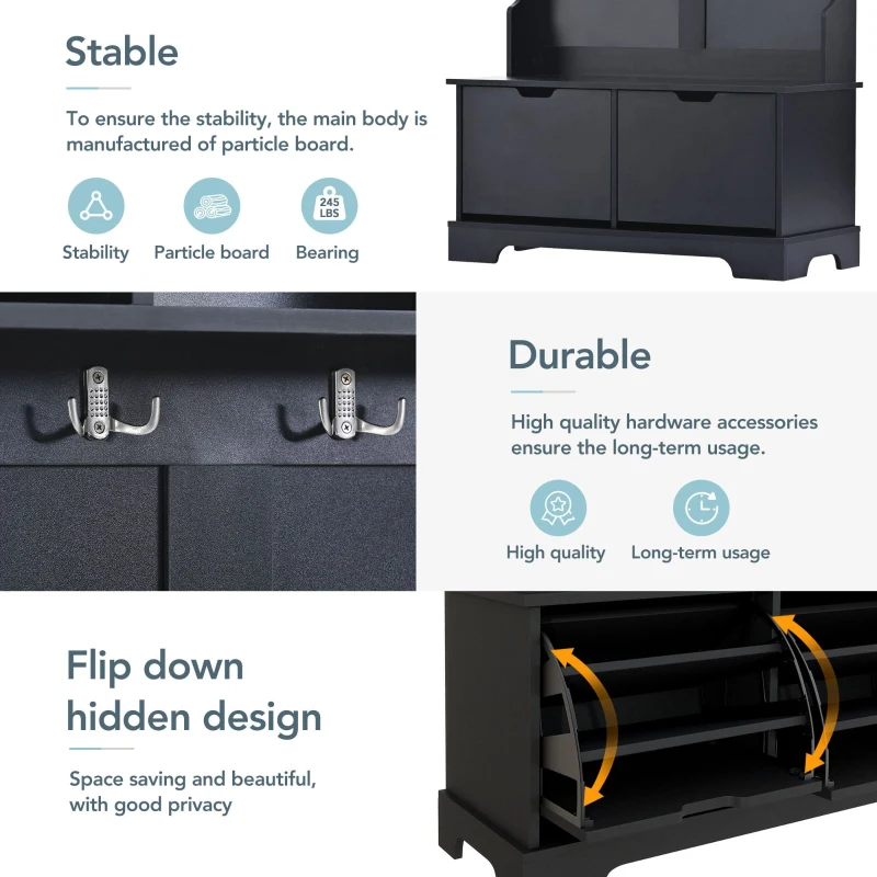 Vinsetto All in One Hall Tree with 3 Top Shelves and 2 Flip Shoe Storage Drawers, Wood Hallway Organizer with Metal Hanging Hooks, Black