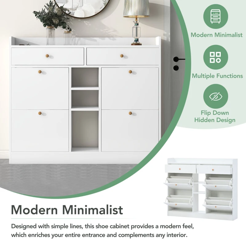 Vinsetto Modern Shoe Cabinet with 4 Flip Drawers, 2-Tier Shoe Storage Organizer, Shoe Rack for Entrance Hallway, 50.5" L x 9.5" W x 42.5" H, White