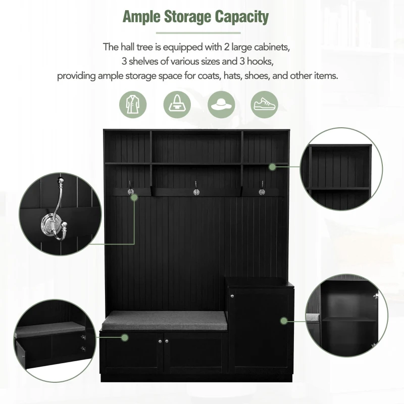 Vinsetto Elegant Hall Tree with Bench and Cushion, Modern Coat Rack with Hooks, Shoe Cabinet Storage, 59" L x 15.5" W x 78.5" H, Black