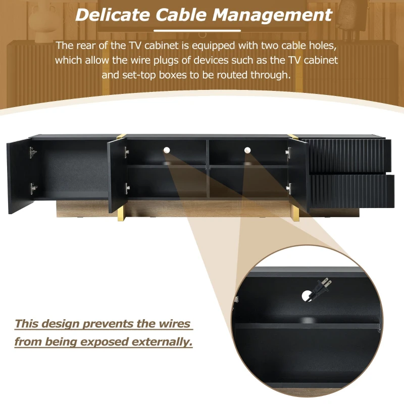 Luxury Fluted TV Stand with Storage Cabinets & Drawers, Smooth Media Console with Golden Wood Grain Legs, 75" L x 14" W x 18" H, Black