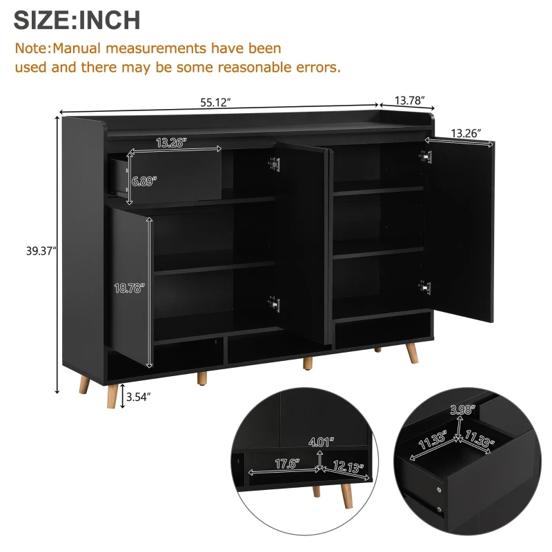 Sleek and Contemporary Shoe Cabinet with Adjustable Shelves, Solid Wood Legs, and Ample Storage, 55.5" L x 14" W x 39.5" H, Black