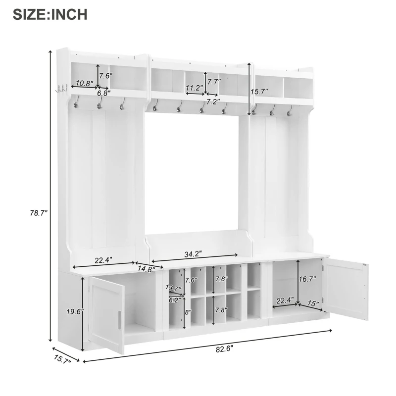 Vinsetto 4-in-1 Wide Storage Hall Tree with Bench and Shoe Cubbies, Multi-functional Entryway Coat Rack, 82.5" L x 15.5" W x 78.5" H, White
