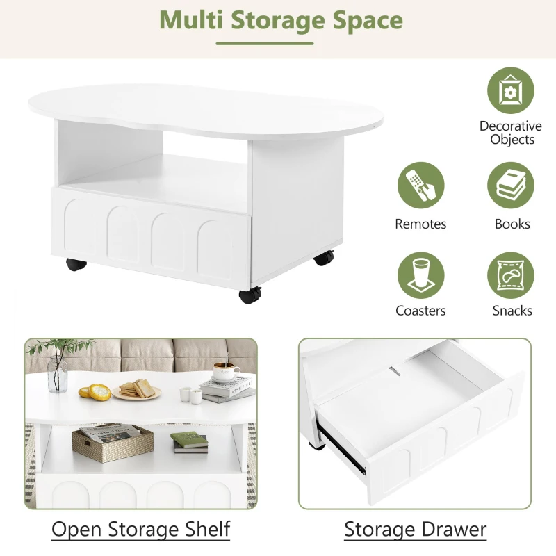 Vinsetto Coffee Table with Cloud Top, 2 Brake Wheels, Drawer, and Large Storage, 39.5" L x 23.5" W x 17.5" H, White