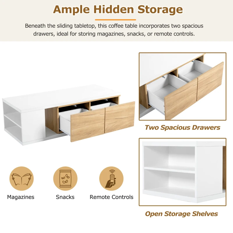 Vinsetto Extendable Coffee Table with 2 Storage Drawers, Dual-tone Wood Center Table with Sliding Tabletop, Multi-functional Hidden Storage, White