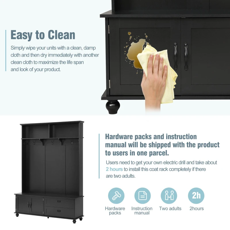 Modern Hall Tree with Storage Cabinet, 2 Large Drawers, Mudroom Bench with 5 Coat Hooks, 59" L x 16" W x 80.5" H, Black