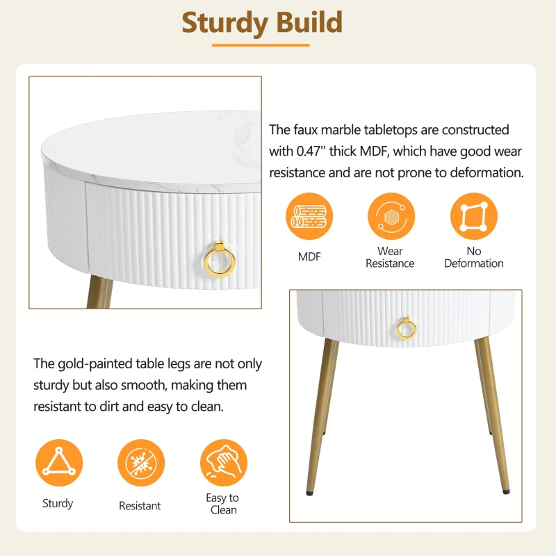 Vinsetto Set of 2 Modern End Tables with Storage, Faux Marble Tabletops, Fluted Panels, and Golden Legs, 19.5" L x 19.5" W x 20.5" H, White+Gold