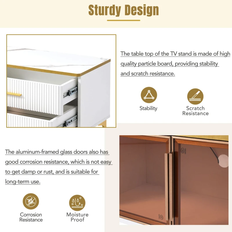 Vinsetto Stylish LED TV Stand with Marble-Veined Table Top, Brown Glass Storage Cabinet, Golden Legs & Handles, Fits TVs Up to 78", Gold+White