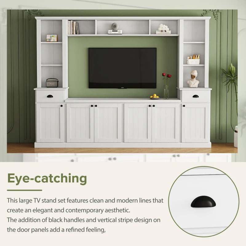 Minimalist Storage TV Stand for TVs Up to 75" with Adjustable Shelves, Entertainment Wall Unit Set for Living Room, 103" L x 15" W x 77" H, White