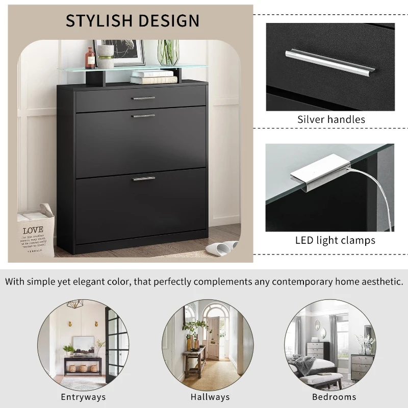 Shoe Cabinet with 2 Flip Drawers and Adjustable Shoe Storage, Tempered Glass Top, LED Light, 35" L x 9.5" W x 41" H, Black