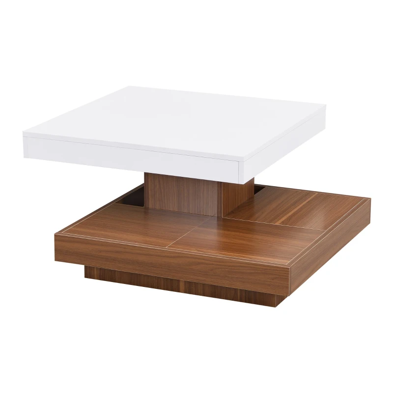 Square 360° Rotating Wood Coffee Table with 3 Detachable Trays, Storage Table for Living Room, 27.5" L x 27.5" W x 14" H, White+Walnut