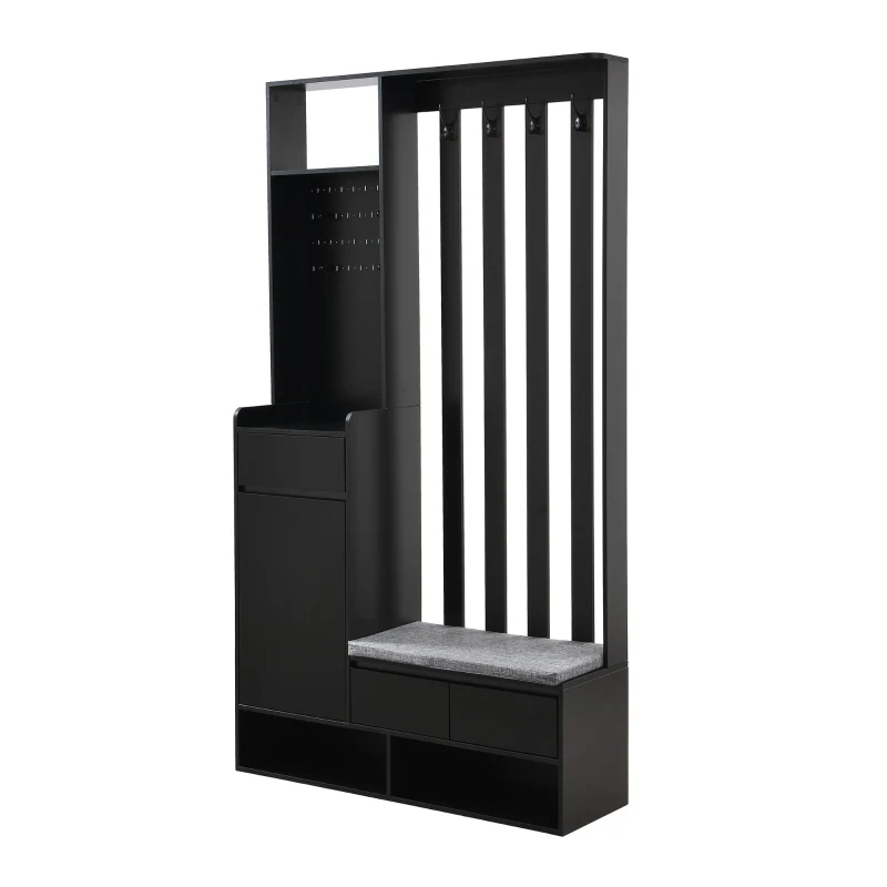 Contemporary Hall Tree with Cushioned Storage Bench, Multifunctional Coat Rack Stand, with Pegboard and 4 Hooks, 39.5" L x 12" W x 71" H, Black