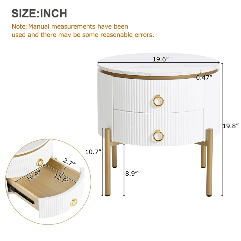 Vinsetto Round End Table with Storage Drawers, Modern Coffee Table with Faux Marble Top, Metal Legs and Handles, White+Gold