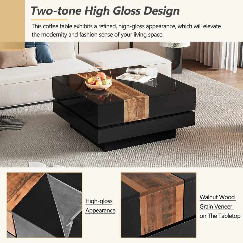 Vinsetto 31.5'' Square Coffee Table with Sliding Tabletop, High Gloss Finish, Hidden Storage Compartment, Extendable to 45.5'', Black