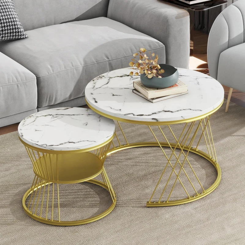 Nesting Coffee Table Set of 2 with Marble Grain Top and Golden Iron Frame, Space-Saving Design, Easy Assembly, White+Gold