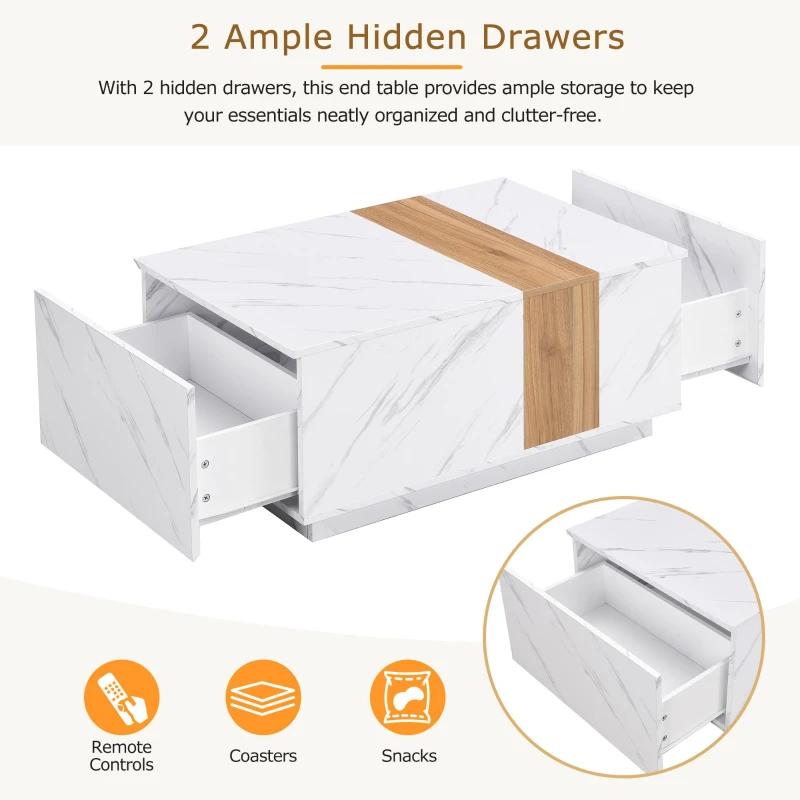 Vinsetto Modern Coffee Table with Faux Marble and Walnut Wood Grain Finish, Rectangular Center Table with 2 Storage Drawers, Space-Saving Design, White