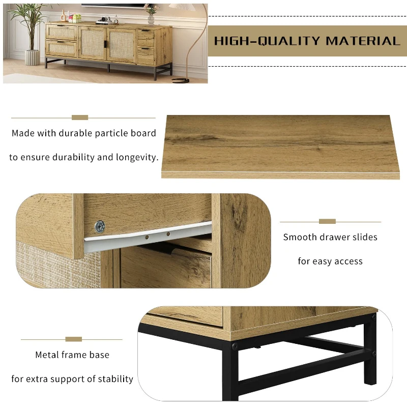 Vinsetto Elegant Rattan TV Stand for TVs up to 65", Boho Style Media Console with Adjustable Shelves and Cable Management, Brown