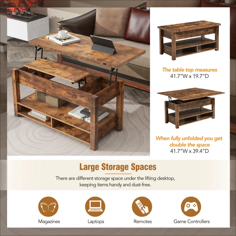 Lift Top Coffee Table with Multi-Functional Open Shelves, Modern Lift Tabletop Dining Table for Living Room, Home Office, Rustic Brown