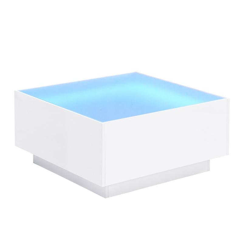 Square High Glossy Coffee Table with 16-Color LED Strip Lights, 0.2'' Glass Top, Modern Center Table for Living Room, 27.5" L x 27.5" W x 14" H, White