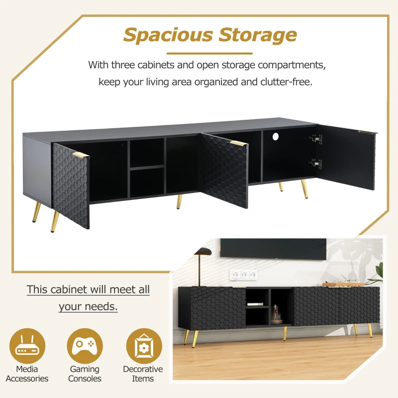 Vinsetto Modern Minimalist Geometric TV Stand with Metal Handles and Gold Legs, Fits TVs Up to 80", Multi-functional TV Stand with Storage Cabinets, Black+Gold