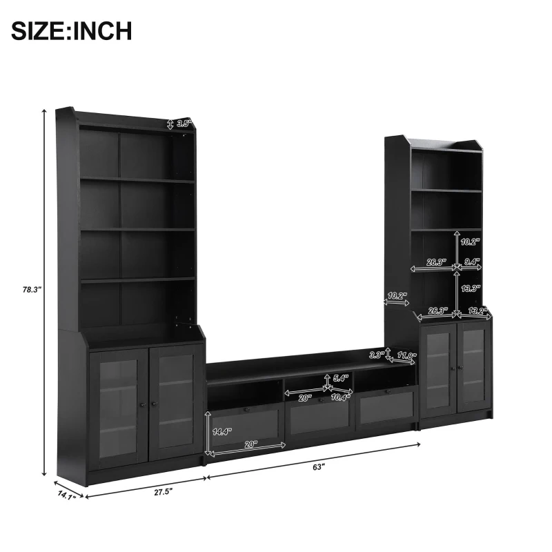Vinsetto Modern Multifunctional TV Stand Set for TVs Up to 65" with Acrylic Board Door, Tall Cabinets, Chic Elegant Entertainment Wall Unit, Black