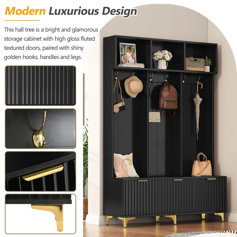 Modern Hall Tree with Bench, High Gloss Fluted Doors, 6 Gold Hooks, and Storage Cubbies, 49.5" L x 15.5" W x 75.5" H, Black+Gold