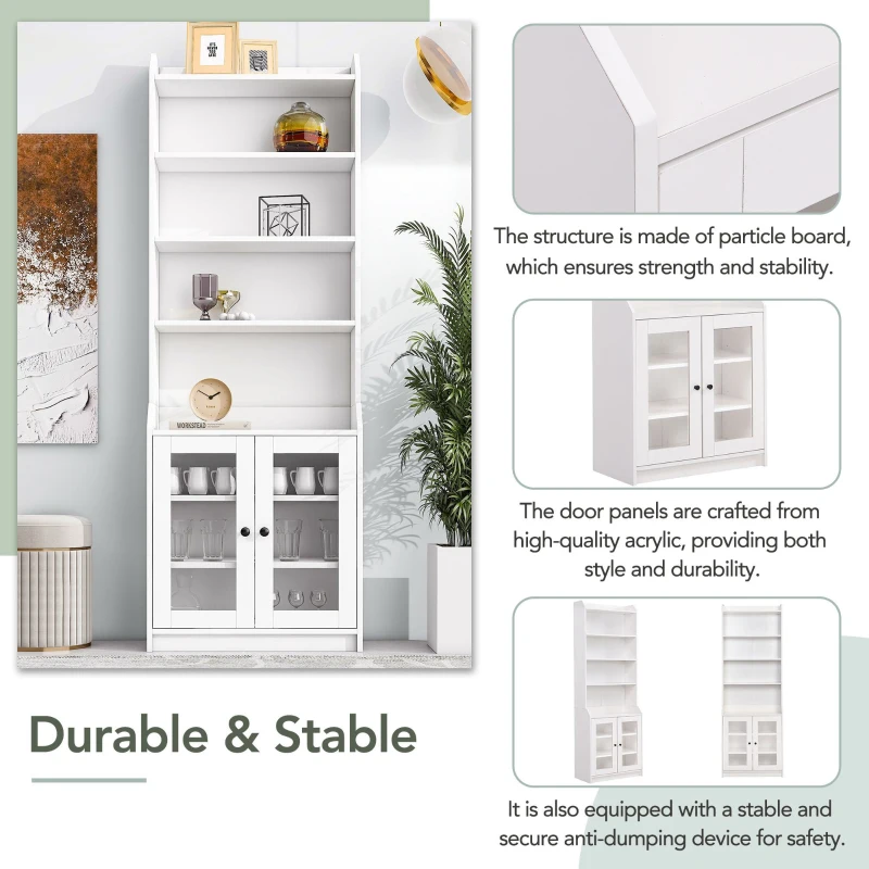 Elegant Tall Cabinet with Acrylic Door, Adjustable Shelves, and Graceful Curves, 27.5" L x 14.5" W x 78.5" H, White