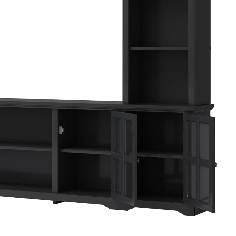 Modern Multifunctional TV Stand for TVs Up to 70" with Glass Door and Bridge, Minimalism Entertainment Wall Unit, 104" L x 15" W x 78.5" H, Black