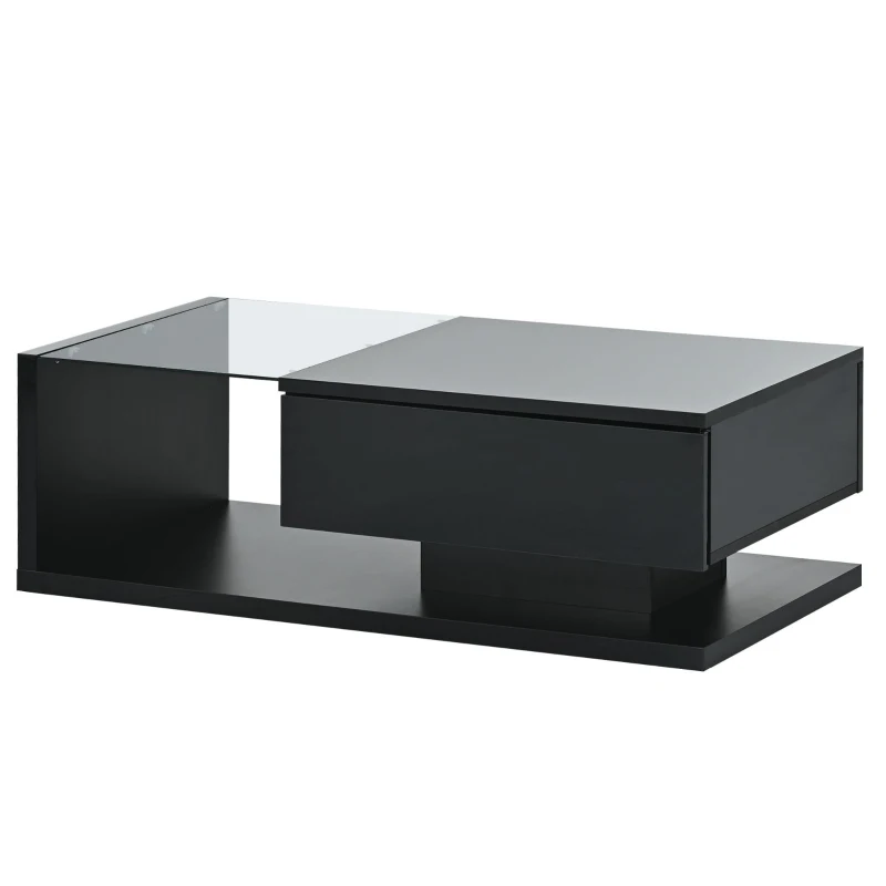 Modern Coffee Table with Tempered Glass, Wooden Cocktail Table with High-Gloss UV Surface, 2-Tier Rectangle Center Table for Living Room, Black
