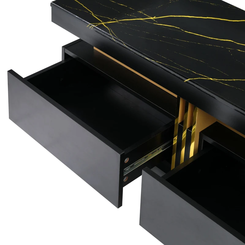 Vinsetto Luxury TV Stand with High Gloss Faux Marble Top for TVs Up to 78", Media Console with Golden Panel Design and 3 Drawers, Black+Gold