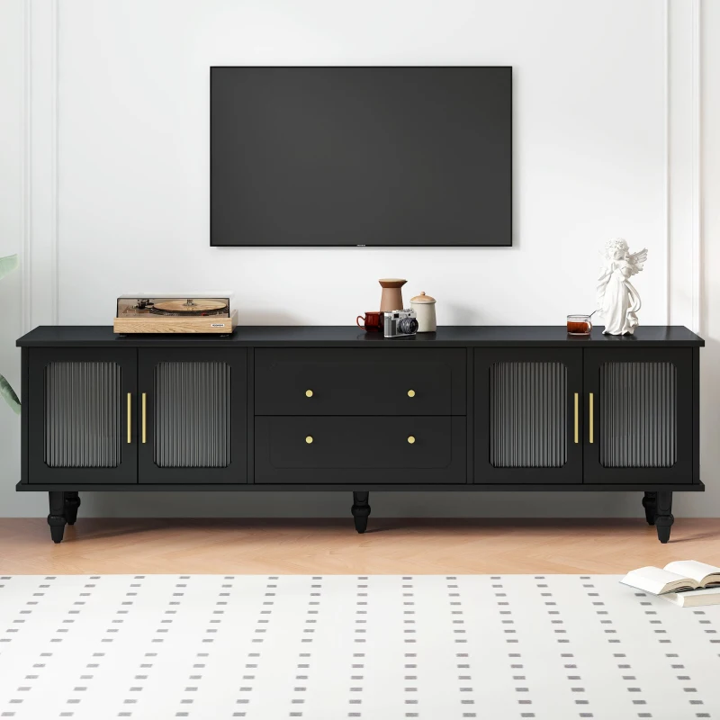 Retro Design TV Stand with Fluted Glass Doors, 2 Drawers and Cabinets, Fits TVs Up to 78", 70" L x 16" W x 22" H, Black