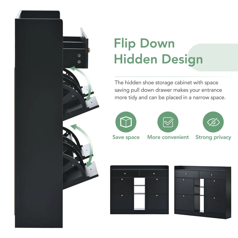 Modern Shoe Cabinet with 4 Flip Drawers, 2-Tier Shoe Storage Organizer, Shoe Rack for Entrance Hallway, 50.5" L x 9.5" W x 42.5" H, Black