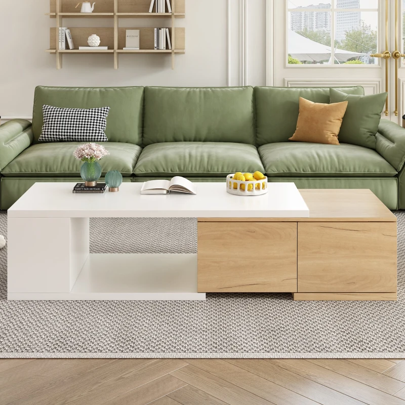 Vinsetto Extendable Coffee Table with 2 Storage Drawers, Dual-tone Wood Center Table with Sliding Tabletop, Multi-functional Hidden Storage, White