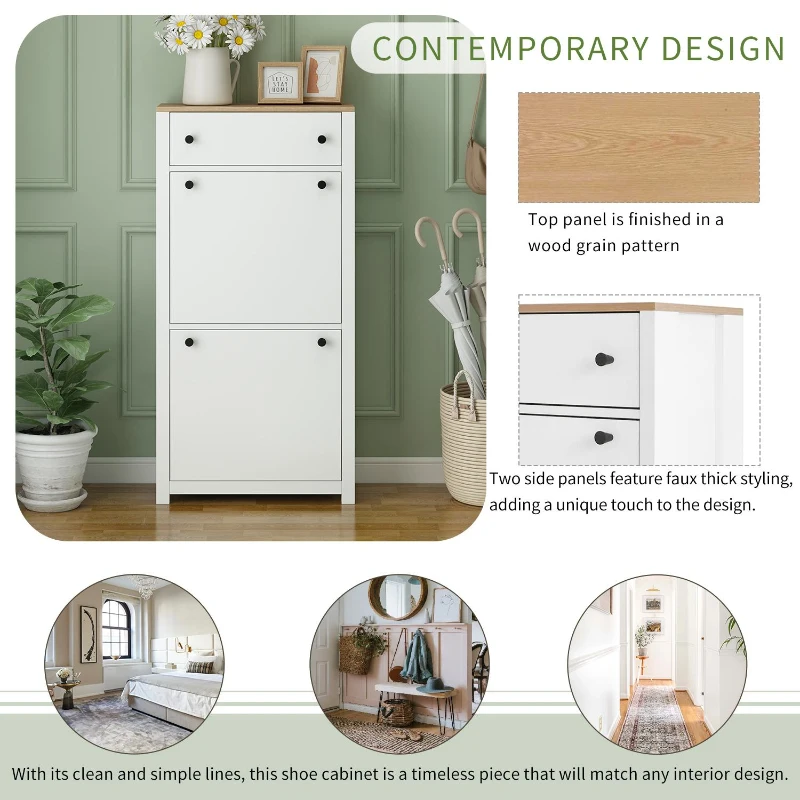 Functional Shoe Cabinet with 2 Flip Drawers, Adjustable Shoe Rack, Wood Grain Top, and Extra Storage, 24" L x 9.5" W x 47.5" H, White