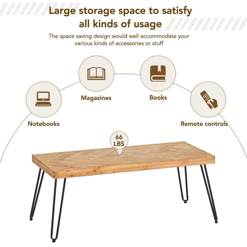 Rectangle Natural Wood Coffee Table with Metal Black Chevron Pattern Legs, Cocktail Table for Living Room, Easy Assembly, 43" L x 19.5" W x 18" H