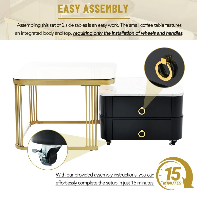 2-in-1 Square Nesting Coffee Table with Wheels & Drawers, High Gloss Marble Grain Top, Tempered Glass, 29" L x 27" W x 16" H, Black+Gold