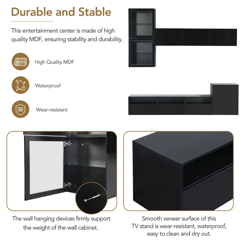 High Gloss TV Stand for TVs Up to 78" with Ample Storage, Media Console, Wall Mounted Floating Cabinets, 93" L x 15" W x 26" H, Black