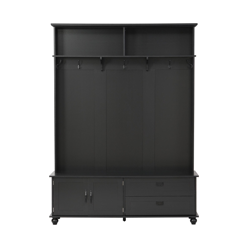 Modern Hall Tree with Storage Cabinet, 2 Large Drawers, Mudroom Bench with 5 Coat Hooks, 59" L x 16" W x 80.5" H, Black