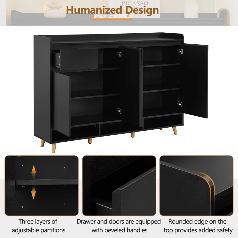 Sleek and Contemporary Shoe Cabinet with Adjustable Shelves, Solid Wood Legs, and Ample Storage, 55.5" L x 14" W x 39.5" H, Black