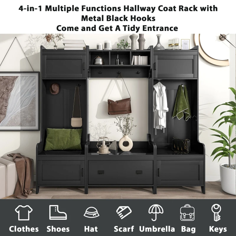 Vinsetto Modern 4-in-1 Hall Tree with Coat Rack, Storage Bench, Entryway Shelf, 7 Metal Hooks, and 4 Cabinets, 78.5" L x 15" W x 72" H, Black