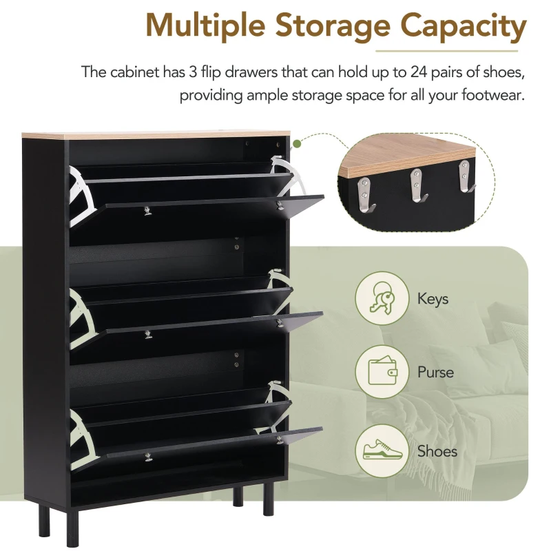 Vinsetto Narrow Design Shoe Cabinet with 3 Flip Drawers, Wood Grain Top, Adjustable Shelves, and 3 Hooks, 31.5" L x 9.5" W x 48" H, Black