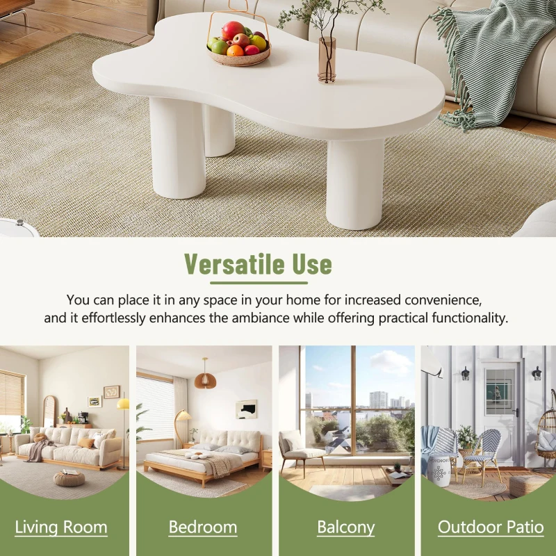 Cloud Coffee Table with 1.5" Thick Tabletop, 3 Sturdy Legs, Irregular End Table for Living Room, Easy Assembly, 44" L x 26" W x 15.5" H, White