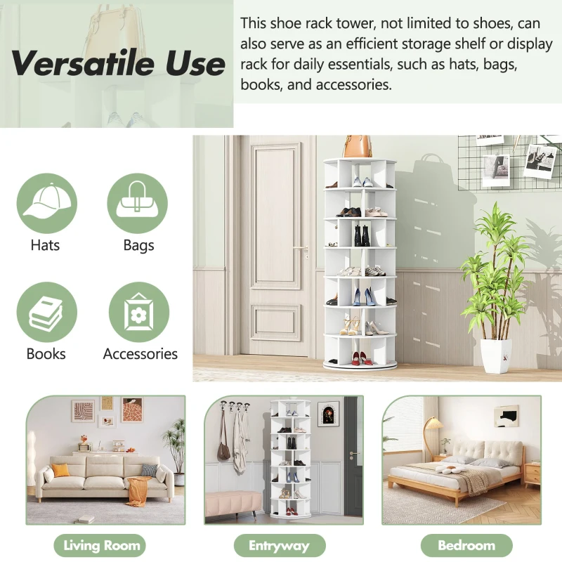 360° Spinning Shoe Cabinet with 5 Grids Per Layer, Adjustable 7-Tier Rotating Shoe Rack Tower, for Living Room, 23.5" L x 23.5" W x 65" H, White