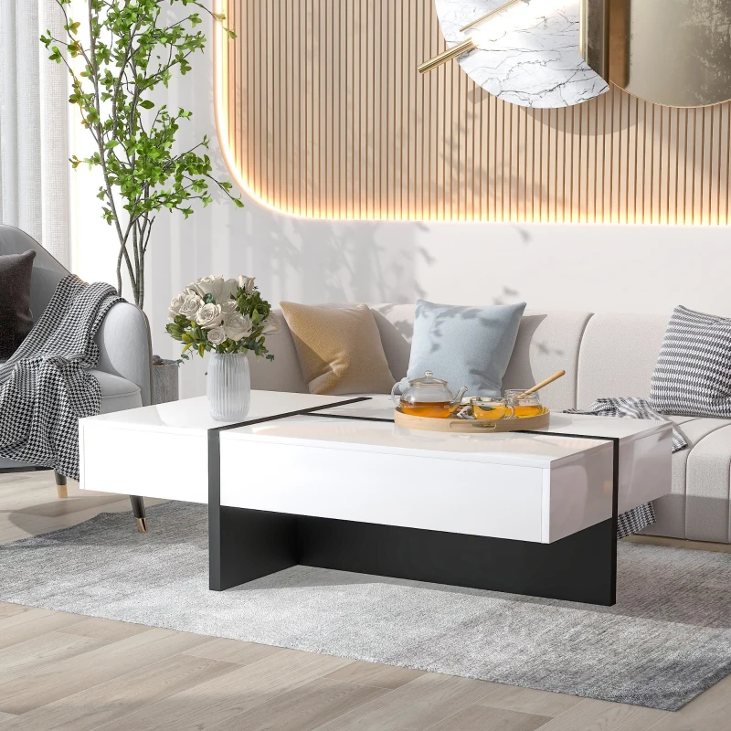 Vinsetto Contemporary Rectangle Coffee Table with Large Drawer, Modern High Gloss Surface, 45" L x 25.5" W x 13.5" H, White
