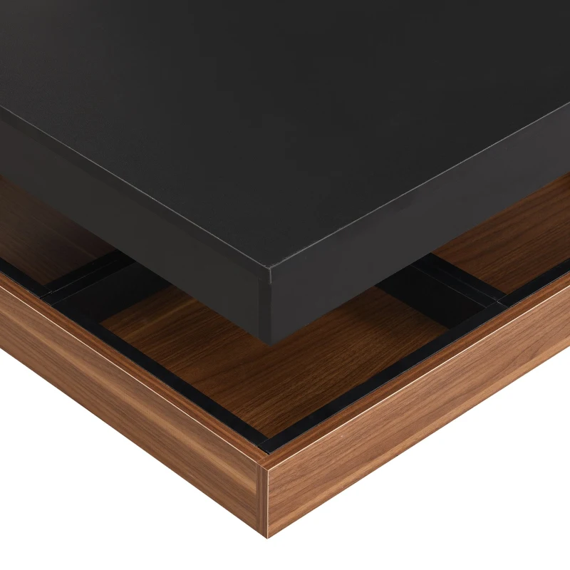 Square 360° Rotating Wood Coffee Table with 3 Detachable Trays, Storage Table for Living Room, 27.5" L x 27.5" W x 14" H, Black+Dark Walnut