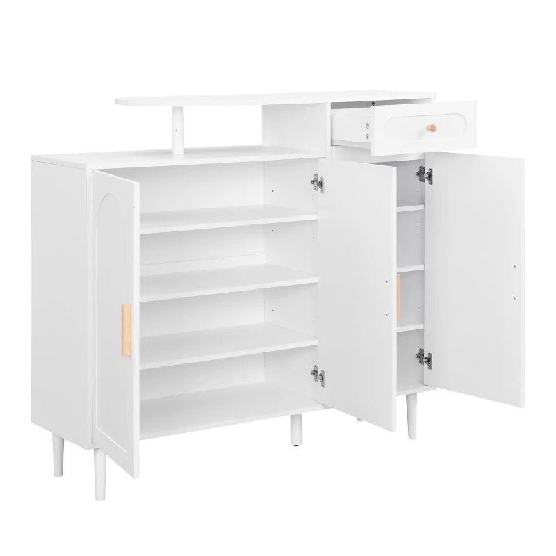 Elegant Shoe Cabinet with Arched Doors and Drawer, Adjustable Shelves, Solid Wood Legs, 47.5" L x 14.5" W x 43.5" H, White