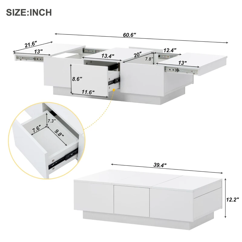Coffee Table with Hidden Storage, Extendable Cocktail Table with Drawers, Sliding Top for Living Room, 39.5" L x 22" W x 12.5" H, White