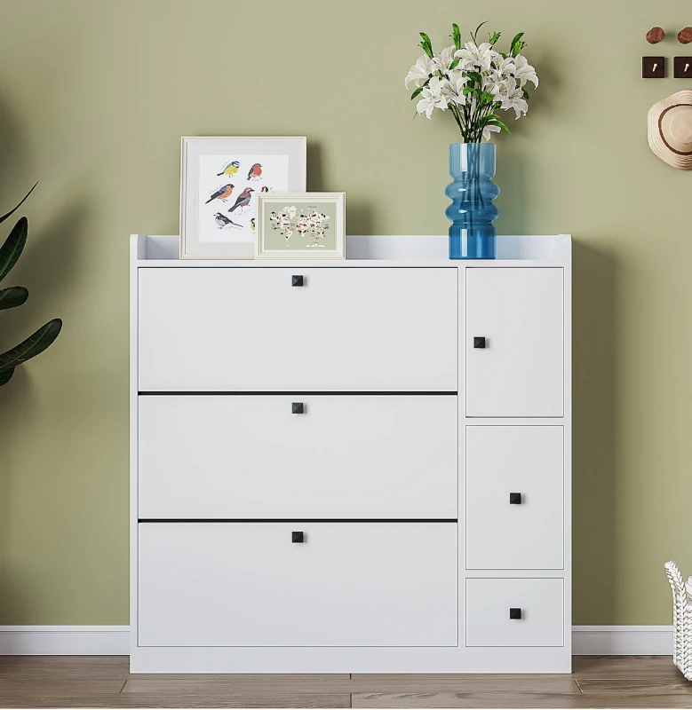 Vinsetto Versatile Shoe Cabinet with 3 Flip Drawers, Pull-Down Seat, and Adjustable Shelves, 47" L x 9.5" W x 47.5" H, White
