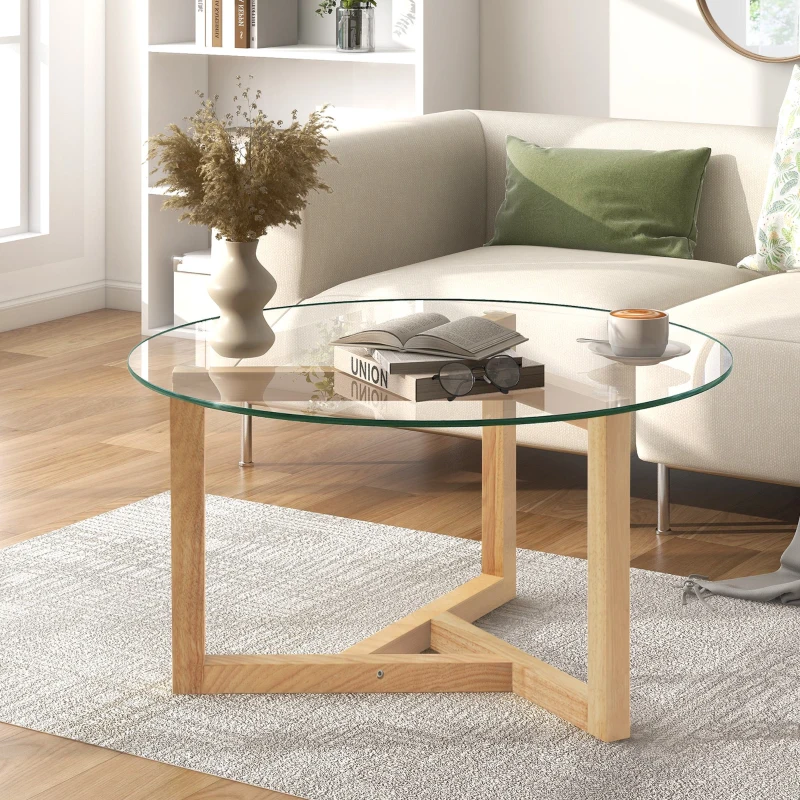 Round Coffee Table with Tempered Glass Top and Sturdy Wood Base, Modern Cocktail Table, Easy Assembly, 35.5" L x 35.5" W x 17.5" H, Natural